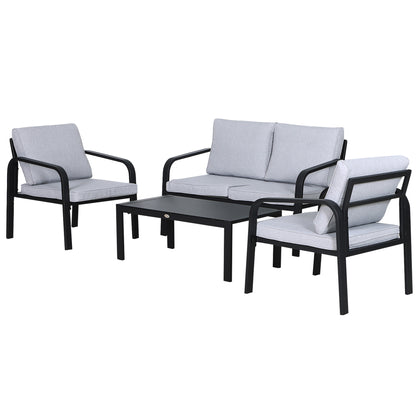 4pcs Garden Sofa Set 2 Single Armchair, 1 Bench & 1 Coffee Table Set Aluminum Frame Patio Furniture with Cushions, Black