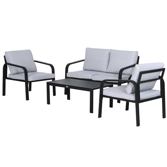 4pcs Garden Sofa Set 2 Single Armchair, 1 Bench & 1 Coffee Table Set Aluminum Frame Patio Furniture with Cushions, Black