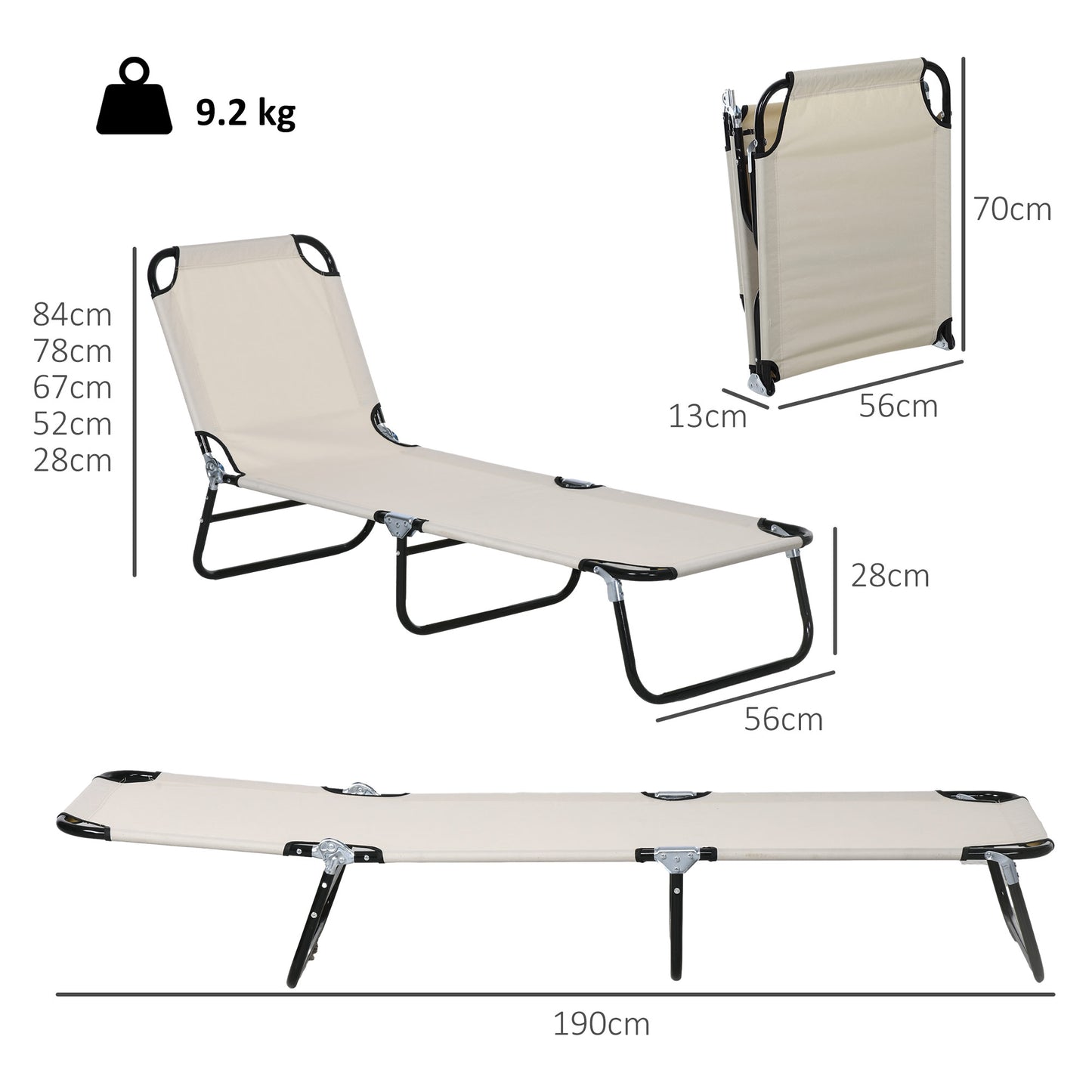 Garden Sun Lounger, with Five-Position Back - Cream White