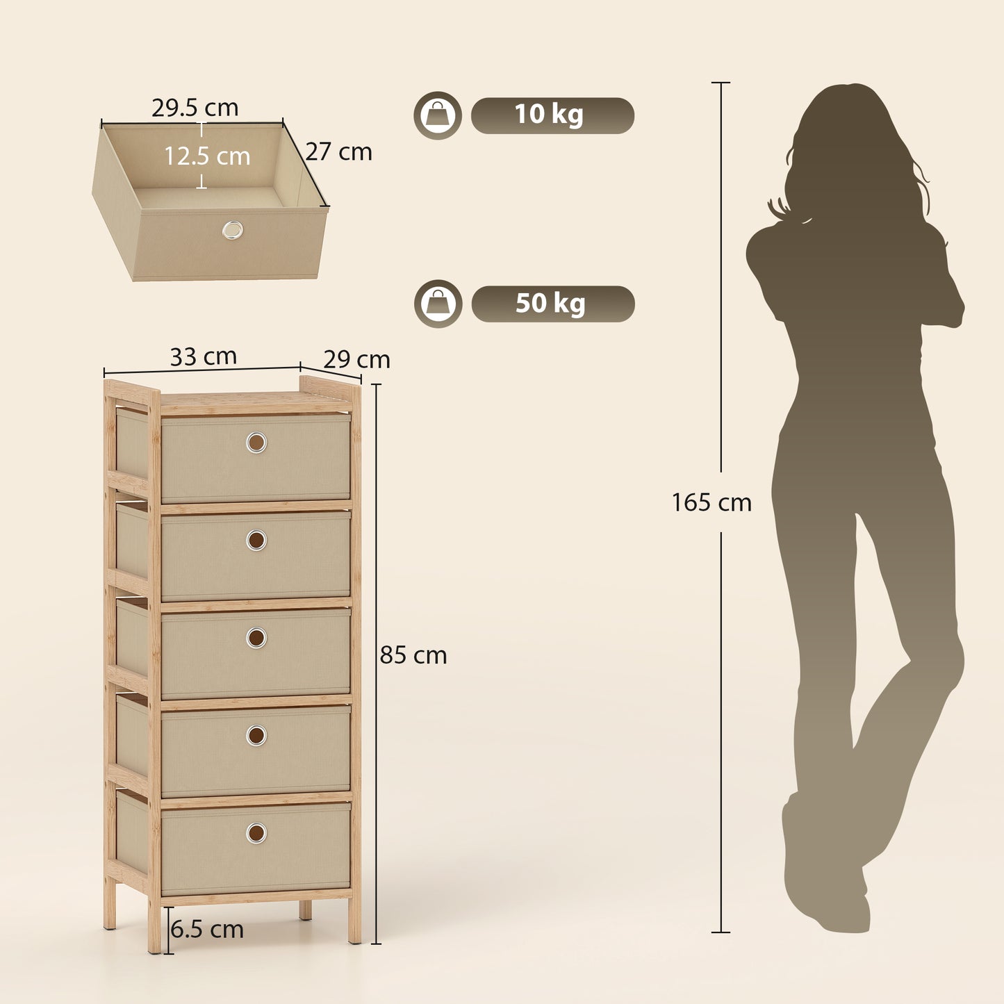Chest of Drawers, 5 Fabric Drawers Narrow Dresser with Bamboo Frame, Cream White