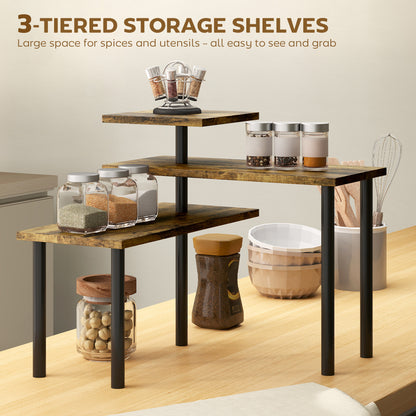 3-Tier Kitchen Countertop Organiser, Adjustable Spice Rack, Corner Shelf for Kitchen, Coffee Bar, Bathroom, Rustic Brown