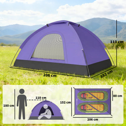 2 Person Camping Tent, Dome Tent with Zipped Doors, Storage Pocket, Portable Handy Bag, Light Purple