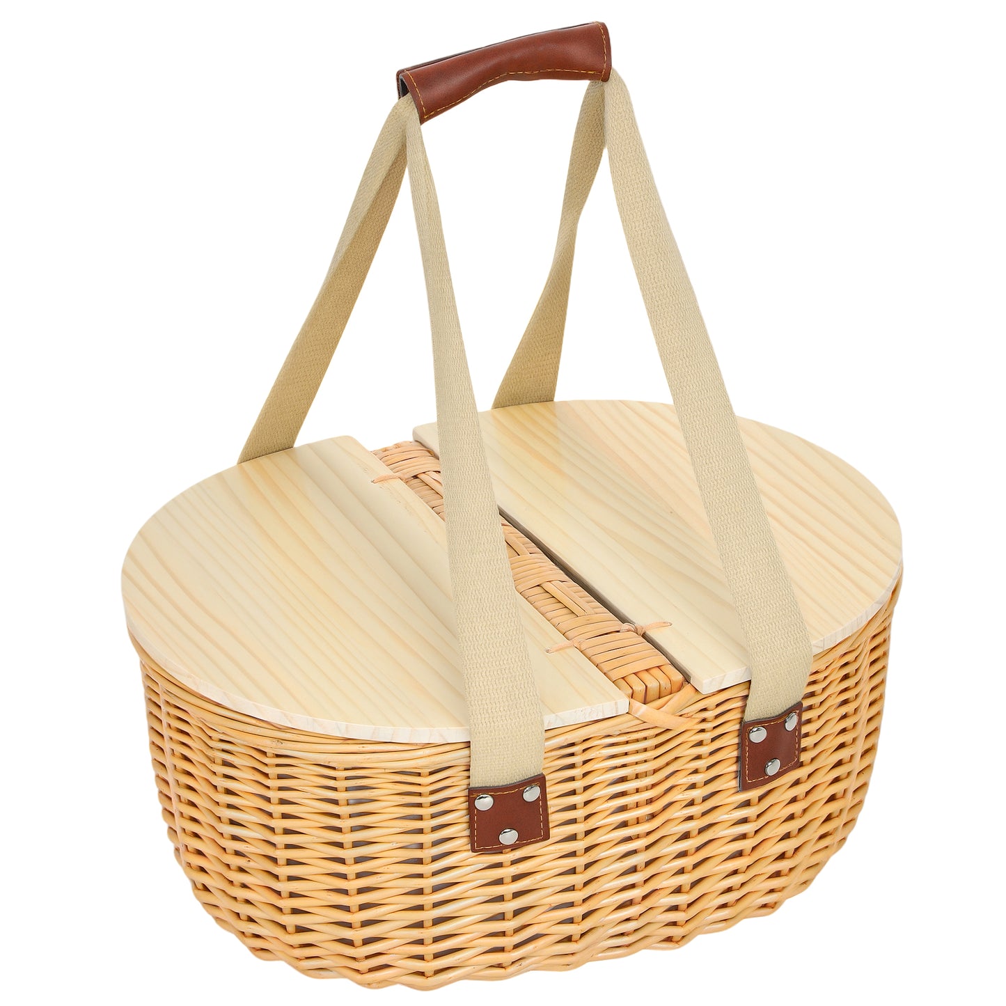 Wicker Picnic Basket for 2 with Pine Wood Lid, Picnic Hamper with Cooler Compartment, Cutlery Service Kits