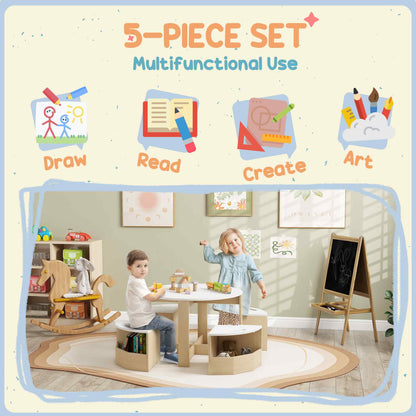 Five-Piece Kids Table and Chairs Set with Storage, for Ages 3-8 Years, White