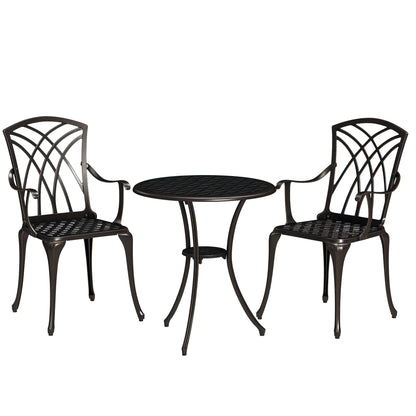 3 Pieces Garden Dining Set for 2, Cast Aluminium Outdoor Dining Set with 2 Armchairs and Round Dining Table with Parasol Hole