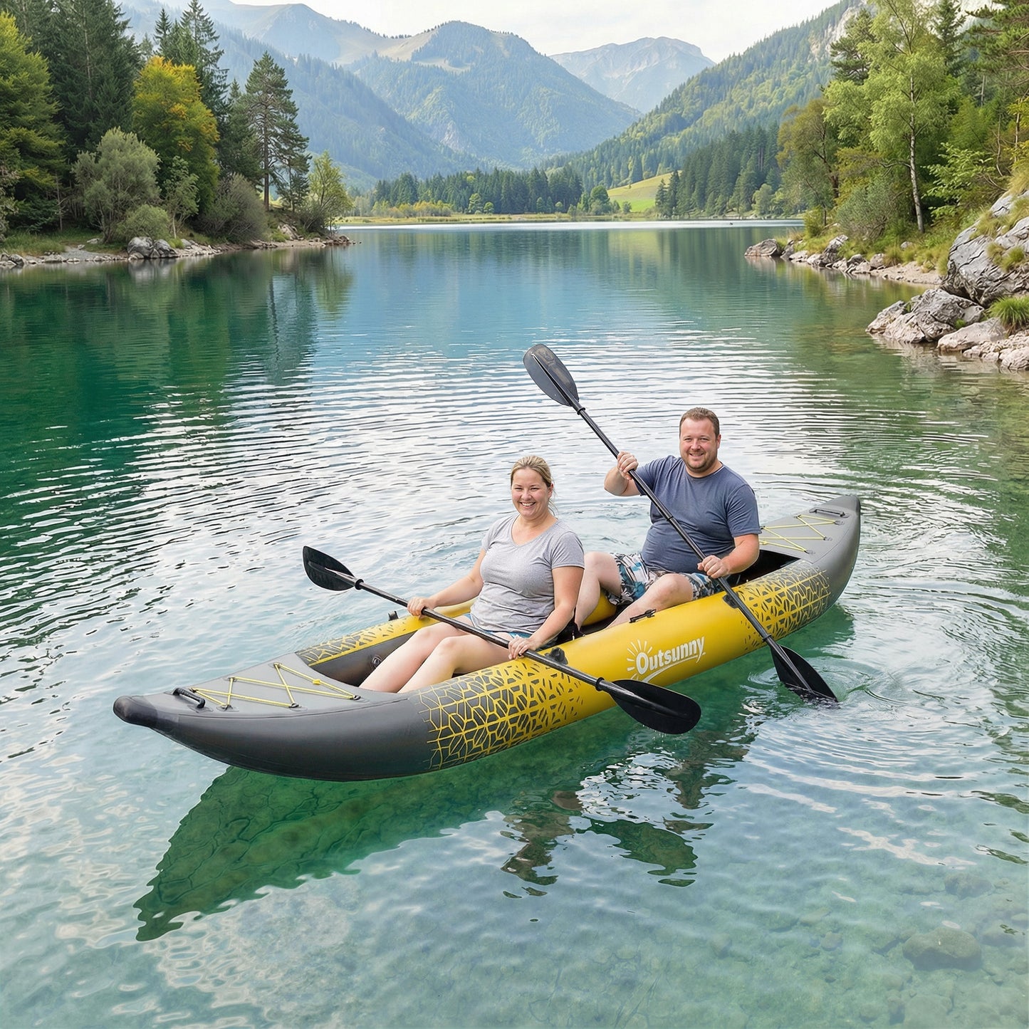 12.5' Inflatable Kayak Set, 2-person Sit on Canoe with Aluminium Oars, Grey and Yellow