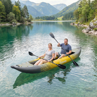 12.5' Inflatable Kayak Set, 2-person Sit on Canoe with Aluminium Oars, Grey and Yellow