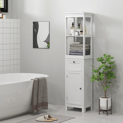 Tall Bathroom Cabinet, Slim Bathroom Storage Cabinet with 2 Open Shelves, Soft Close Door and Drawer, Adjustable Shelf