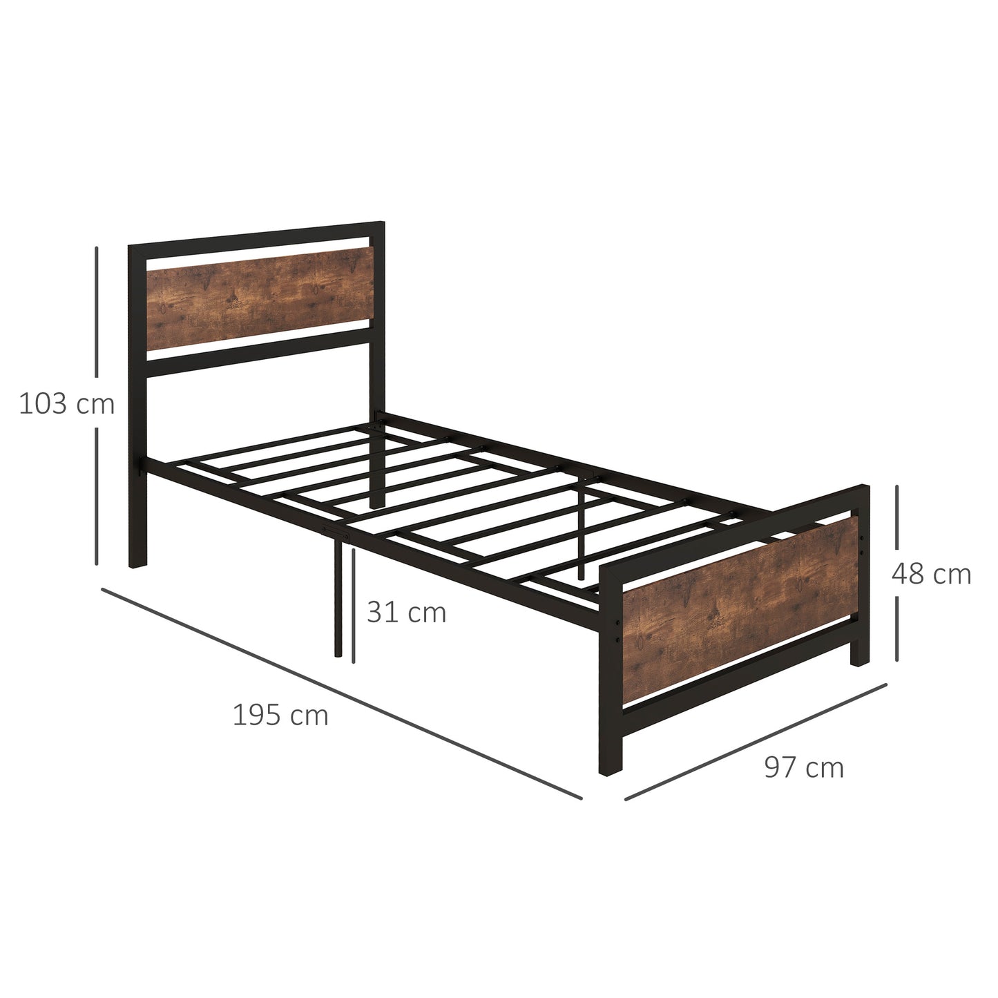 Single Size Metal Bed Frame with Headboard & Footboard, Strong Slat Support Solid Bedstead Base w/ Underbed Storage Space