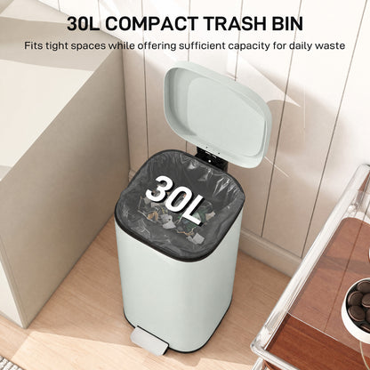 30L Kitchen Bin, Compact Pedal Bin with Soft-Close and Stay-Open Lid, Removable Bucket for Kitchen, Home, Office, Green