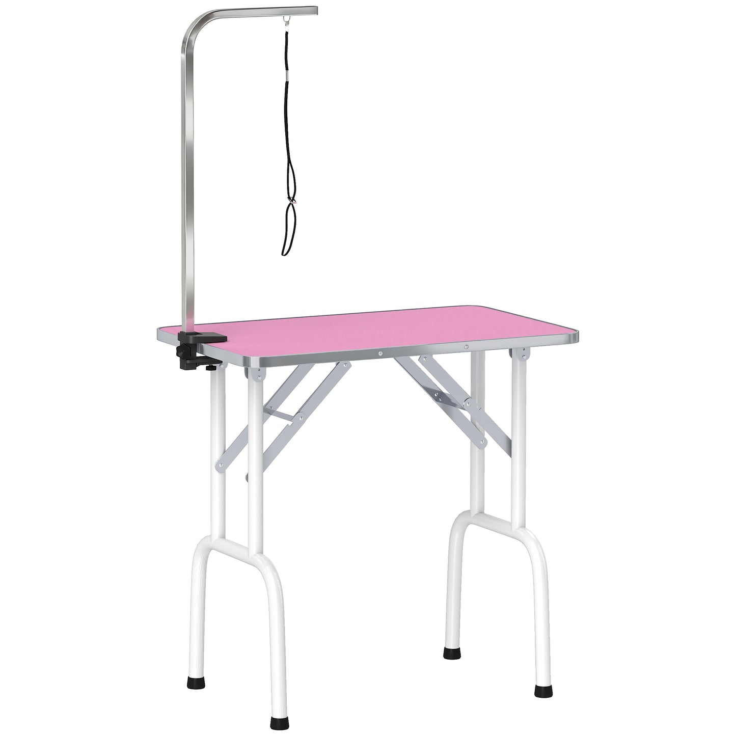 32" Foldable Dog Grooming Table Pet Drying Beauty Table Adjustable Fixed Arm Rubber Top, Pink