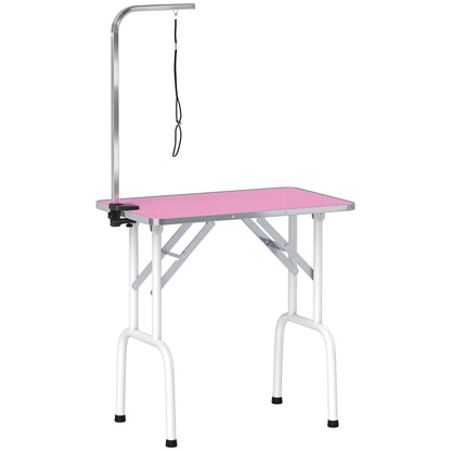 32" Foldable Dog Grooming Table Pet Drying Beauty Table Adjustable Fixed Arm Rubber Top, Pink