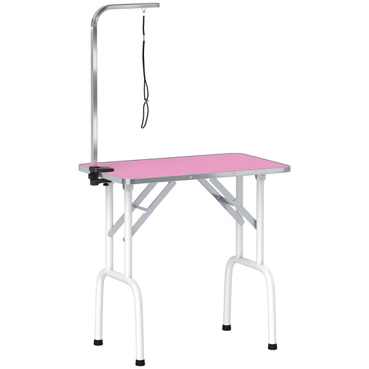 32" Foldable Dog Grooming Table Pet Drying Beauty Table Adjustable Fixed Arm Rubber Top, Pink
