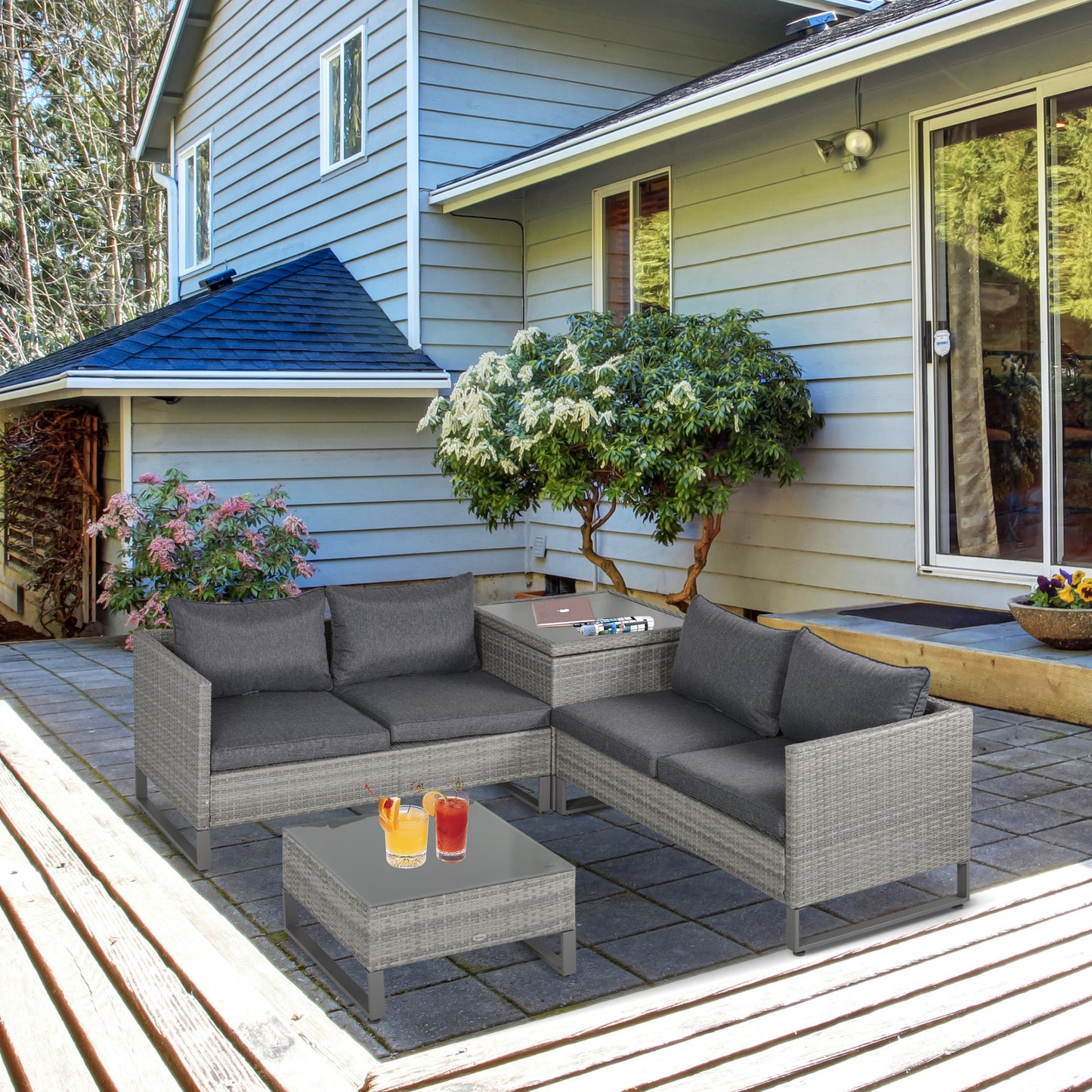 4 Pieces Rattan Garden Furniture Set, 4 Seater Garden Sofa Set with Storage Box, Loveseats and Glass Top Table