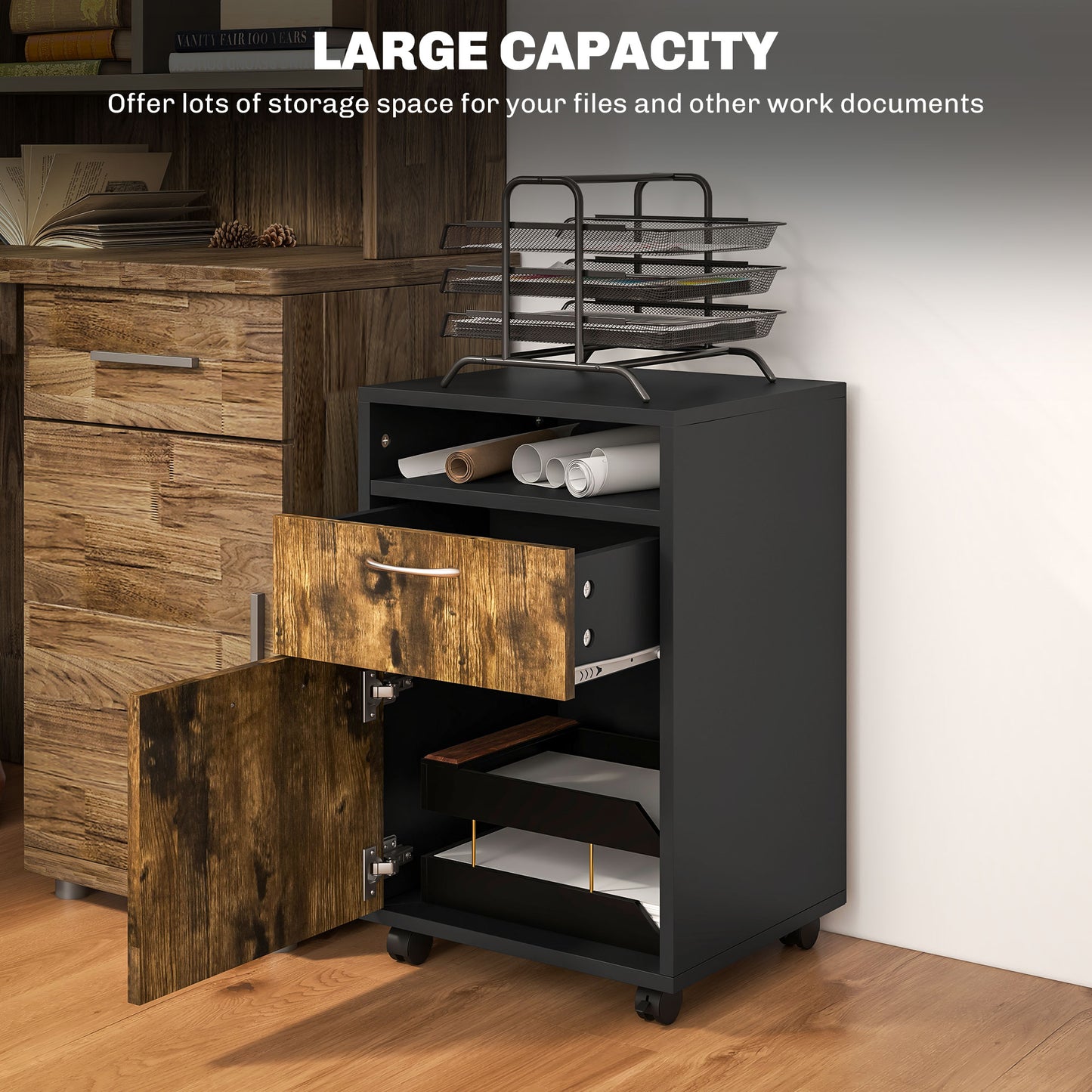 Filing Cabinet, Mobile File Cabinet with 2 Lockable Drawers, Office Home Organiser on Wheels for A4