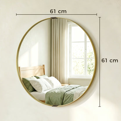 Round Wall Mirror 61 cm, Wall Mounted Bathroom Mirror with Tempered Safety Glass and Aluminium Alloy Frame, Gold Tone