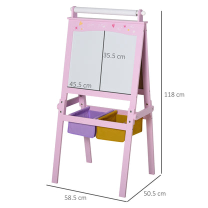 Kids Easel 3 in 1 Wooden Art Easel with Paper Roll Double-Sided Chalkboard & Whiteboard with Storage Baskets for Toddler Girl