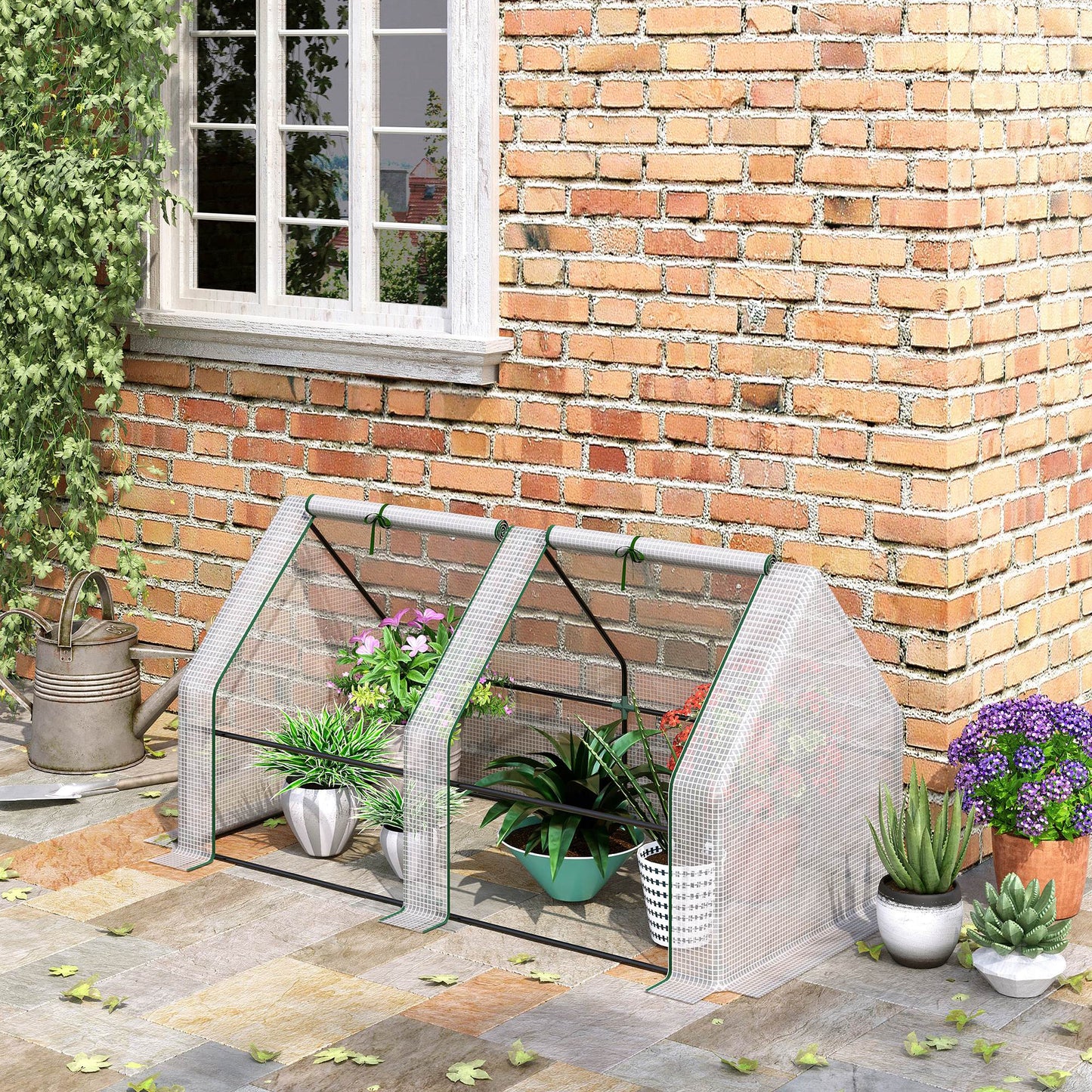Mini Small Greenhouse with Steel Frame & PE Cover & Zipped Window Poly tunnel Steeple for Plants Vegetables