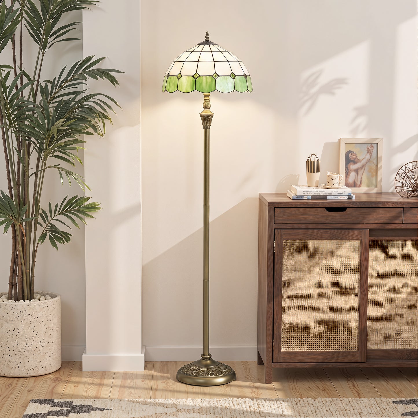 Tiffany-Style Floor Lamp with Handcrafted Stained Glass Shade, 152cm Tall Vintage Standing Lamp, Bronze Tone and Green
