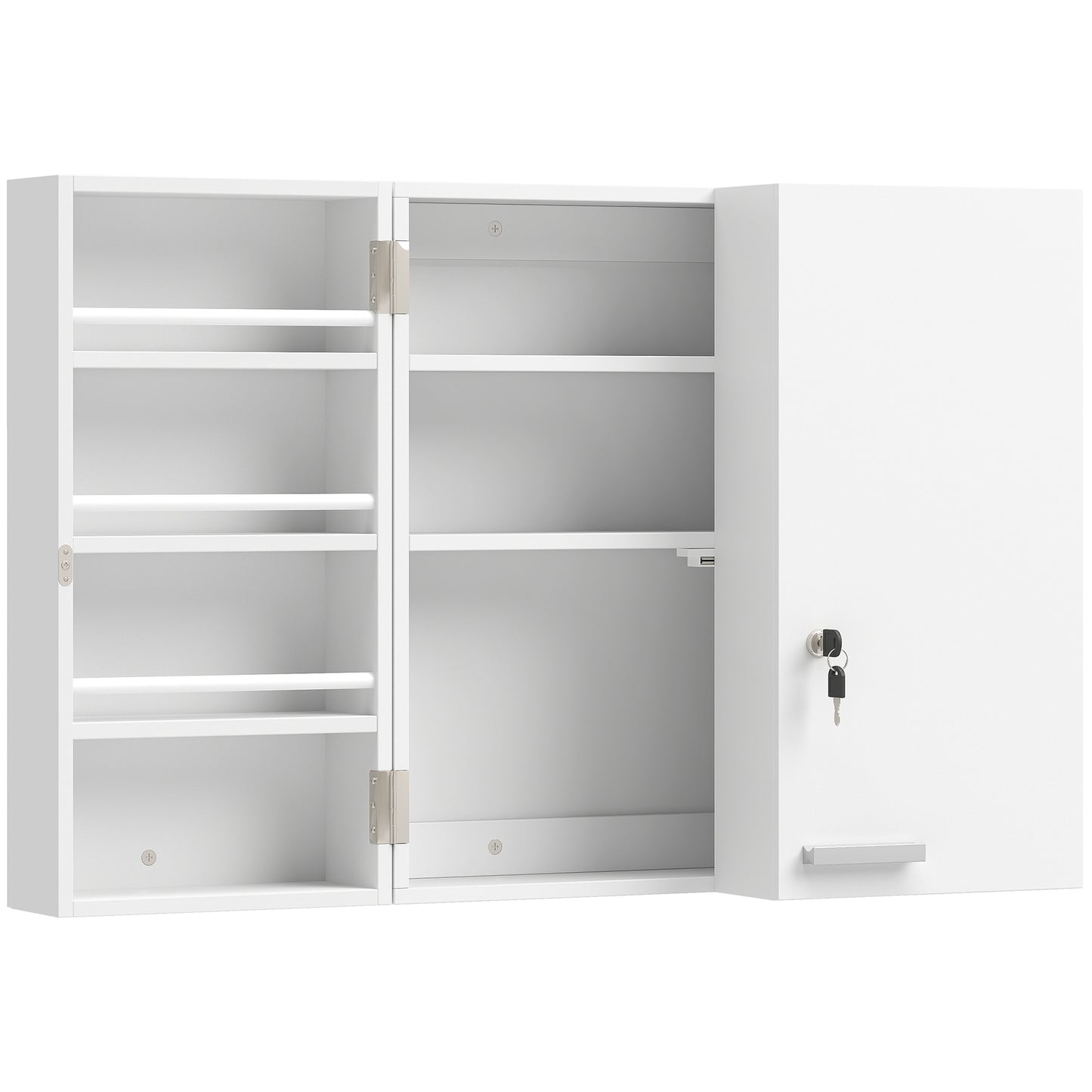 Wall Mount Medicine Cabinet with Key Lock, 3 Tier First Aid Cabinet with 2 Doors and 11 Storage Compartments, White