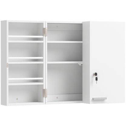 Wall Mount Medicine Cabinet with Key Lock, 3 Tier First Aid Cabinet with 2 Doors and 11 Storage Compartments, White