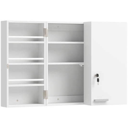 Wall Mount Medicine Cabinet with Key Lock, 3 Tier First Aid Cabinet with 2 Doors and 11 Storage Compartments, White