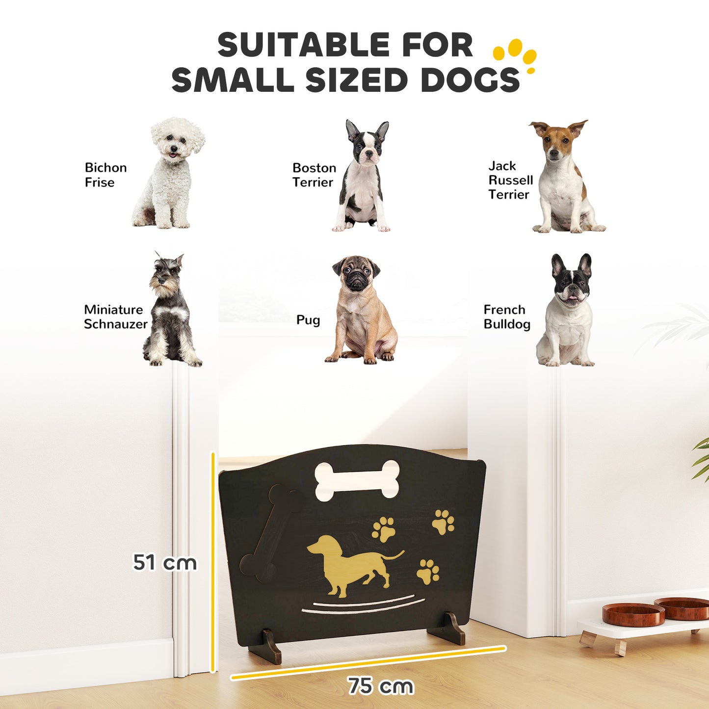 Wooden Dog Stopper, Dog Barrier with Support Feet, for Stair, Patio, Very Easy Setup, Black, 75 x 51 cm