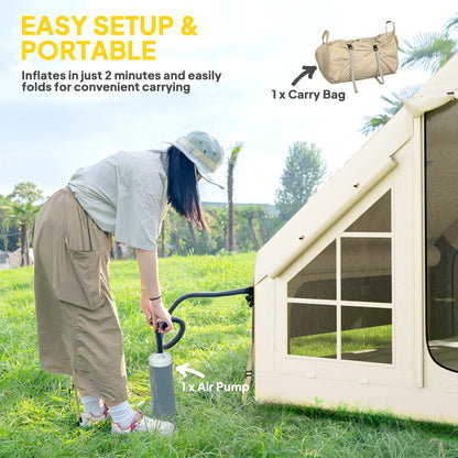 Inflatable Camping Tent with Pump, Stove Jack Hole, Easy Setup 2-4 Person Family Blow Up Tent