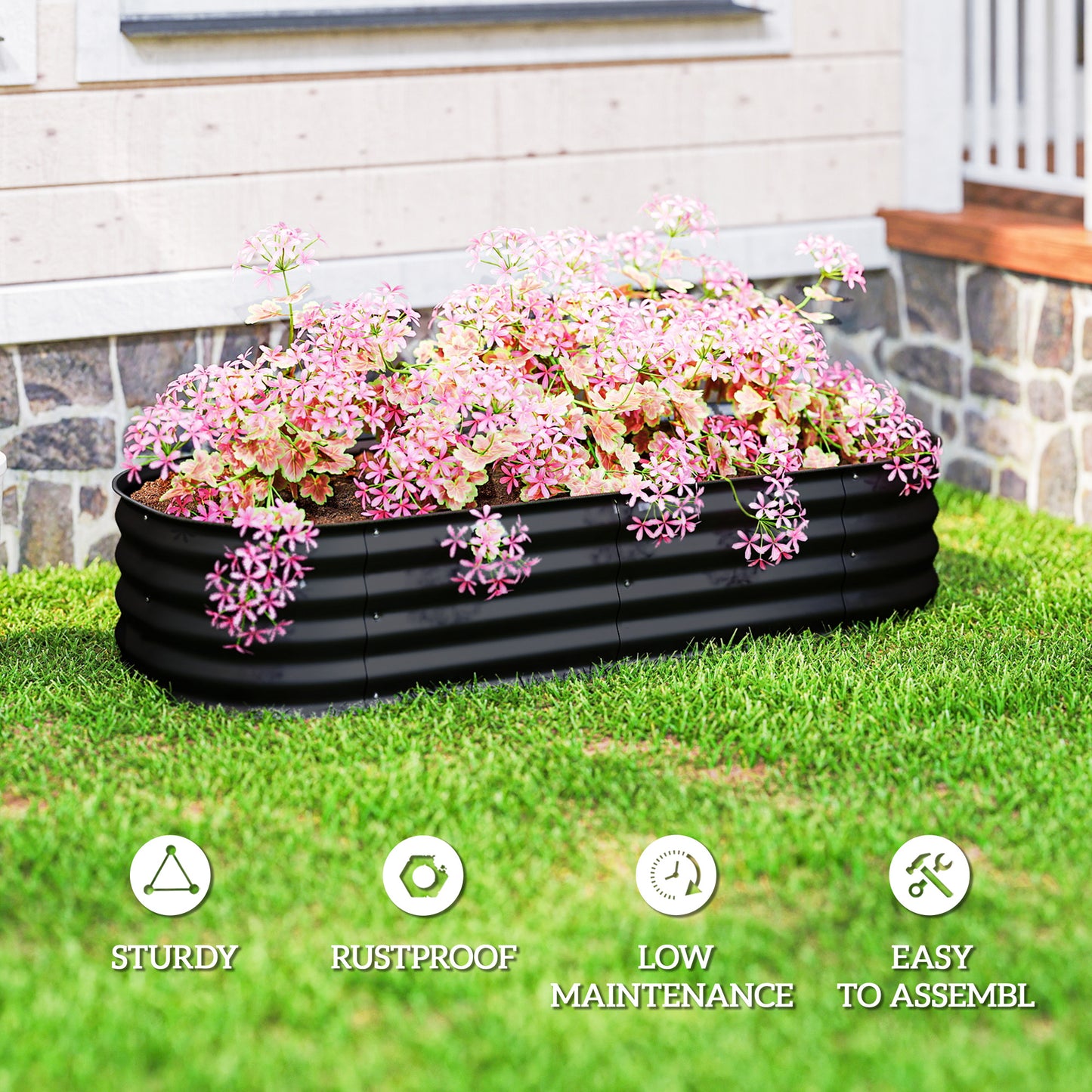 Galvanised Raised Garden Bed, Metal Planter Box with Safety Edging, for Flowers, Herbs, Succulents, Black