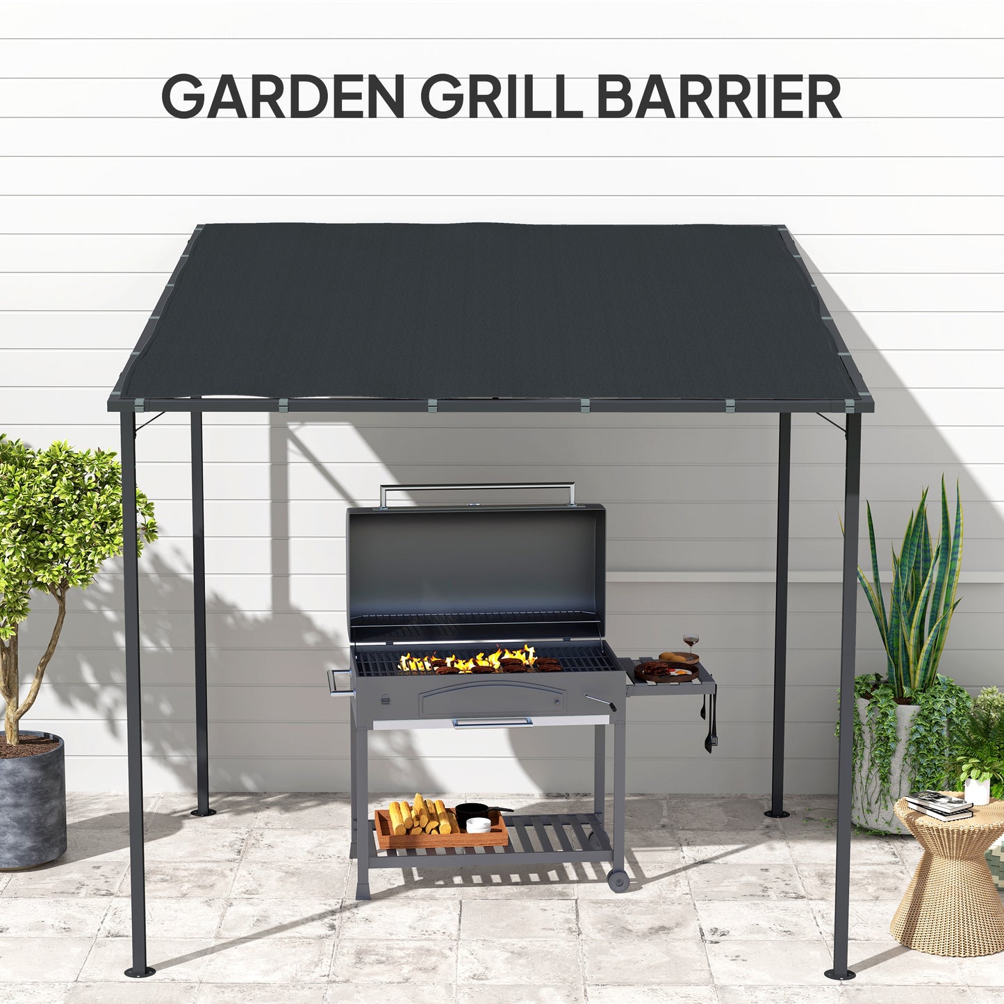 2.4 x 2.4 m Wall Mounted Pergola Gazebo with PA Coating Fabric and Metal Frame, UPF30+, Lean to Garden Gazebo