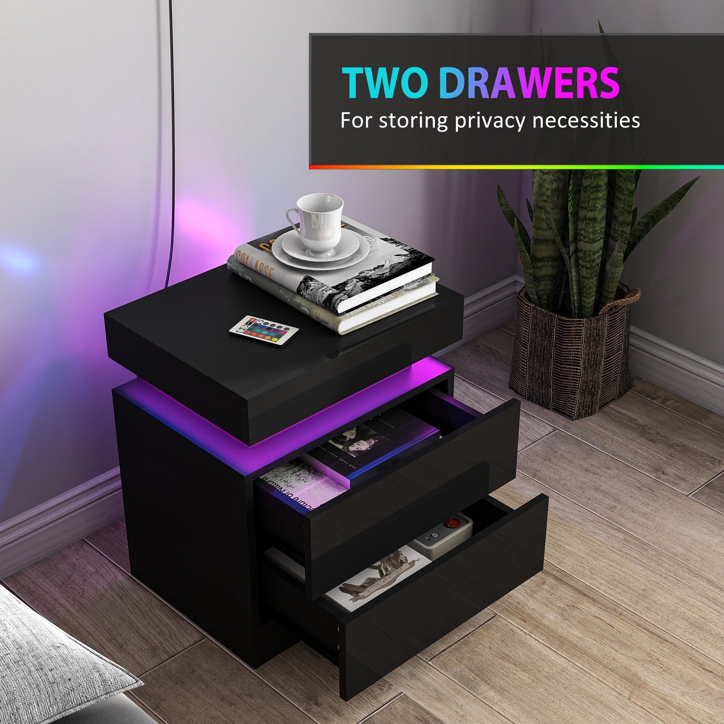 Black Bedside Table with LED Light, High Gloss Front Nightstand with 2 Drawers, for Living Room, Bedroom, Set of 2