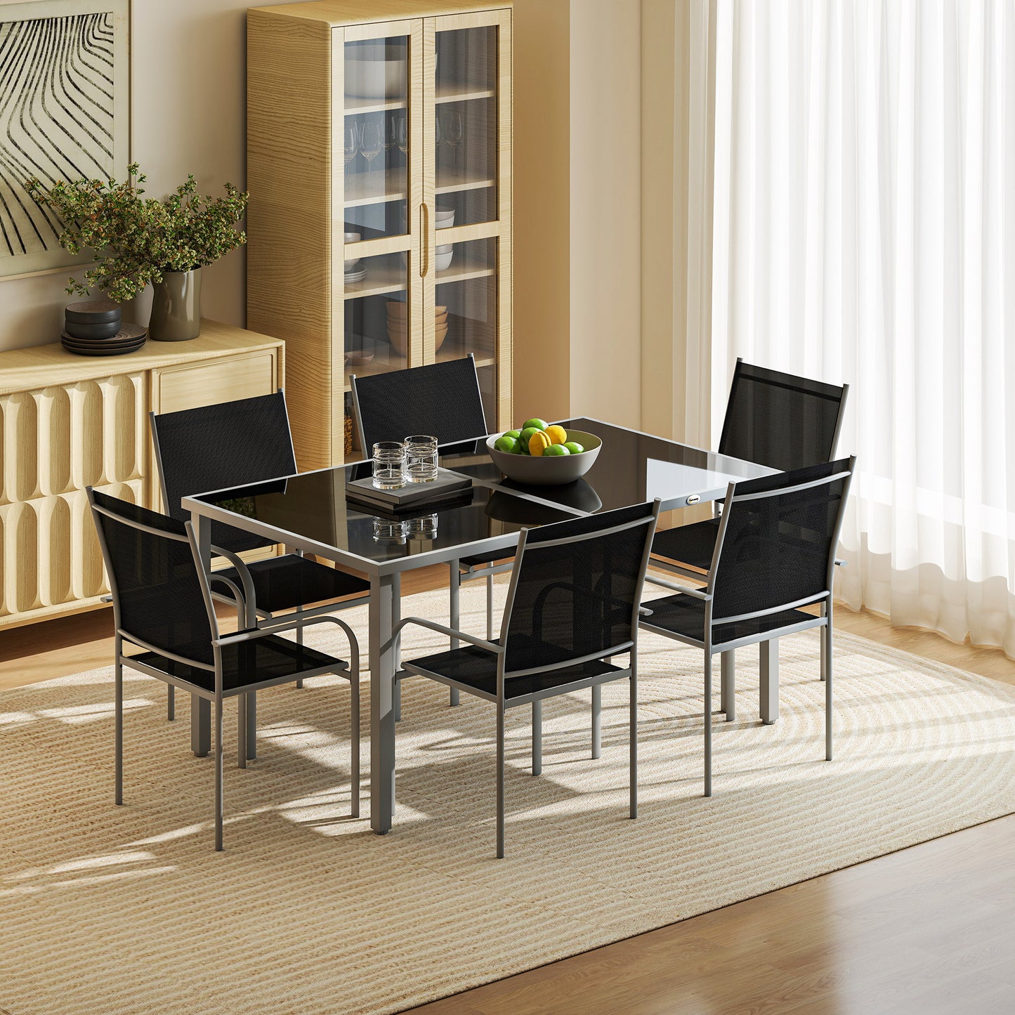7 Piece Outdoor Garden Dining Set with Table and 6 Stackable Chairs, Steel Frame, Tempered Glass Top, Mesh Seats, Black