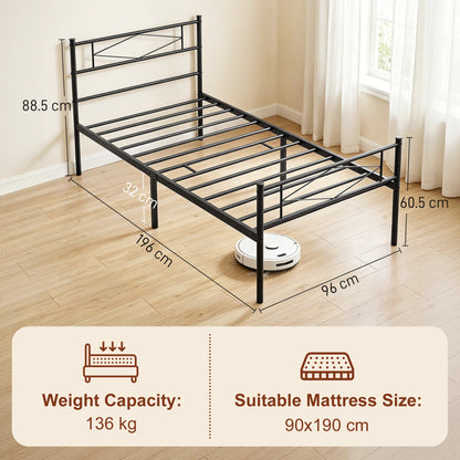 3ft Single Bed Frame with Headboard and Footboard, Metal Platform Bed Frame with 32 cm Underbed Storage, Black