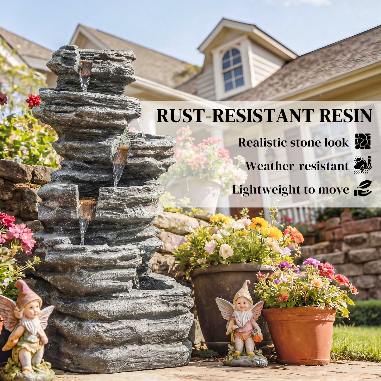 Outdoor Fountain, 6-Tier Cascading Waterfall Feature with LED Lights, Resin Freestanding Garden Fountain, Grey