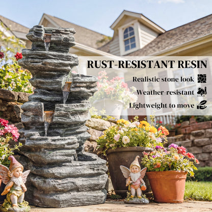 Outdoor Fountain, 6-Tier Cascading Waterfall Feature with LED Lights, Resin Freestanding Garden Fountain, Grey