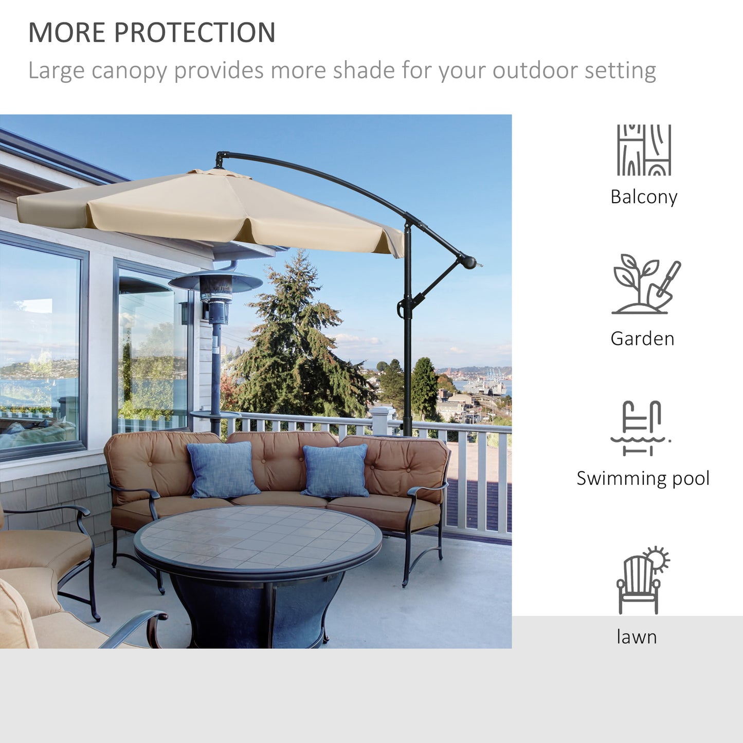 2.7m Cantilever Parasol Banana Sun Umbrella with Crank Handle and Cross Base for Outdoor Hanging Sun Shade Light Brown