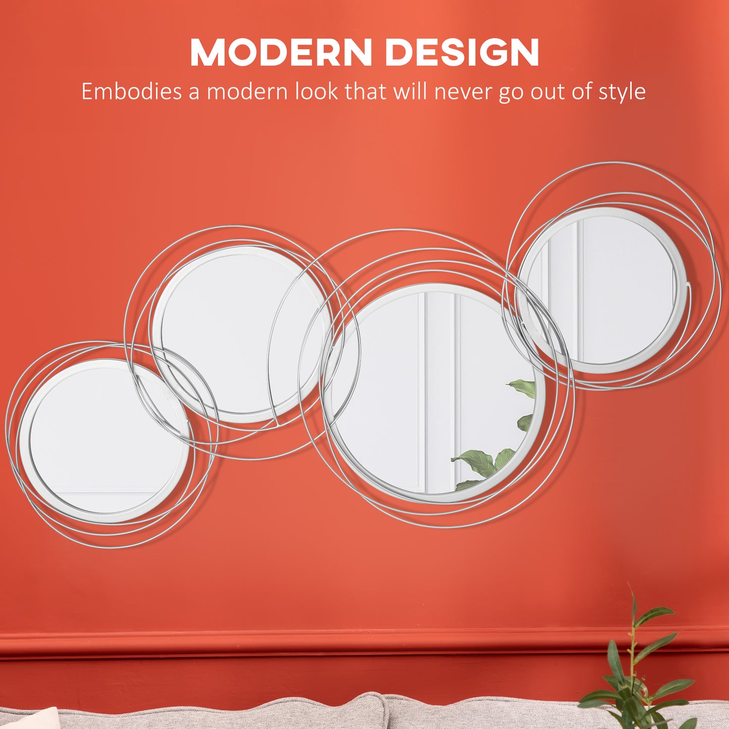 Metal Wall Art 107cm Modern Decorative Mirror Decor for Living Room Bedroom Dining Room, Silver