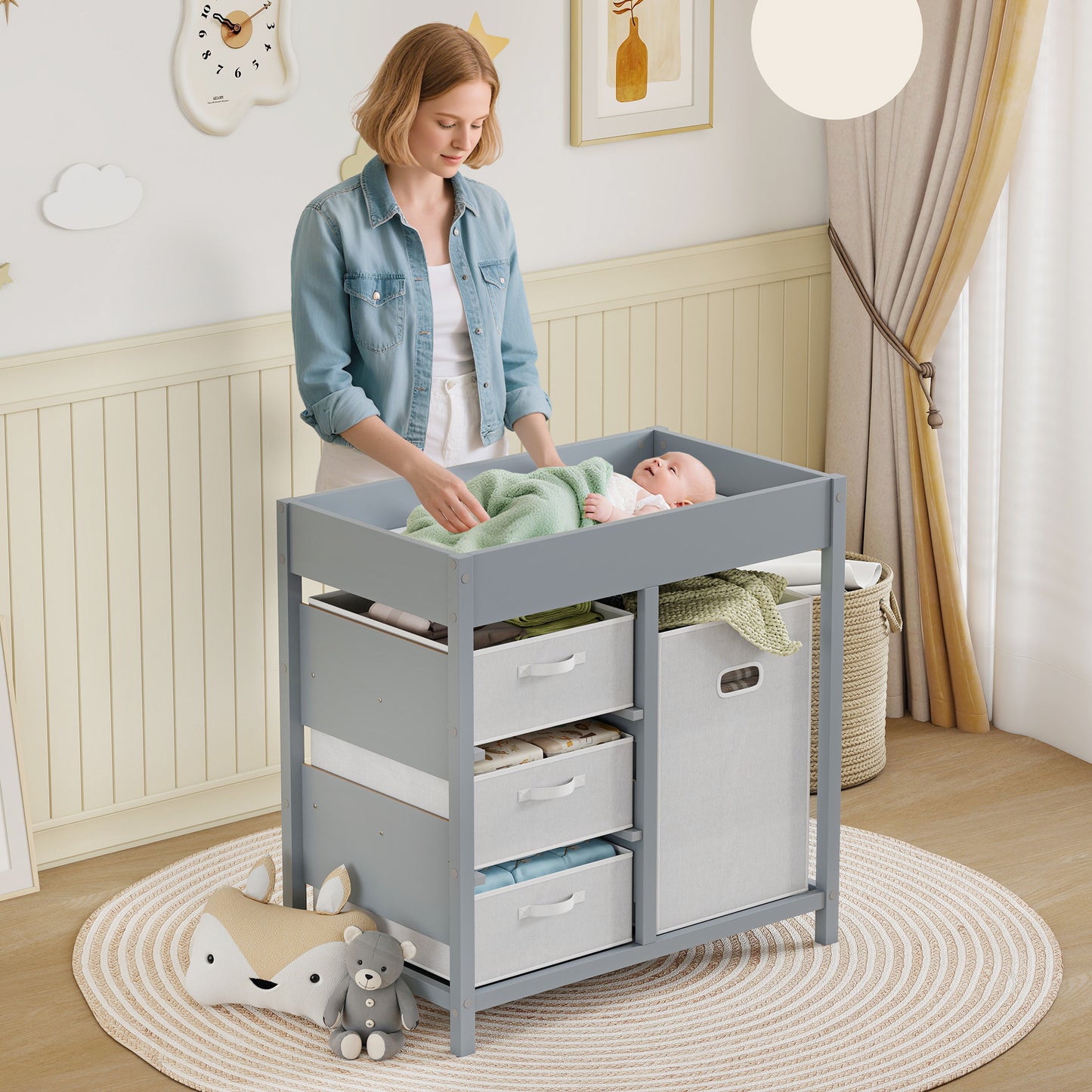 Baby Changing Unit with 4 Storage Drawers, Mat for Bedroom Nursery, 84 x 84.5 cm, Grey
