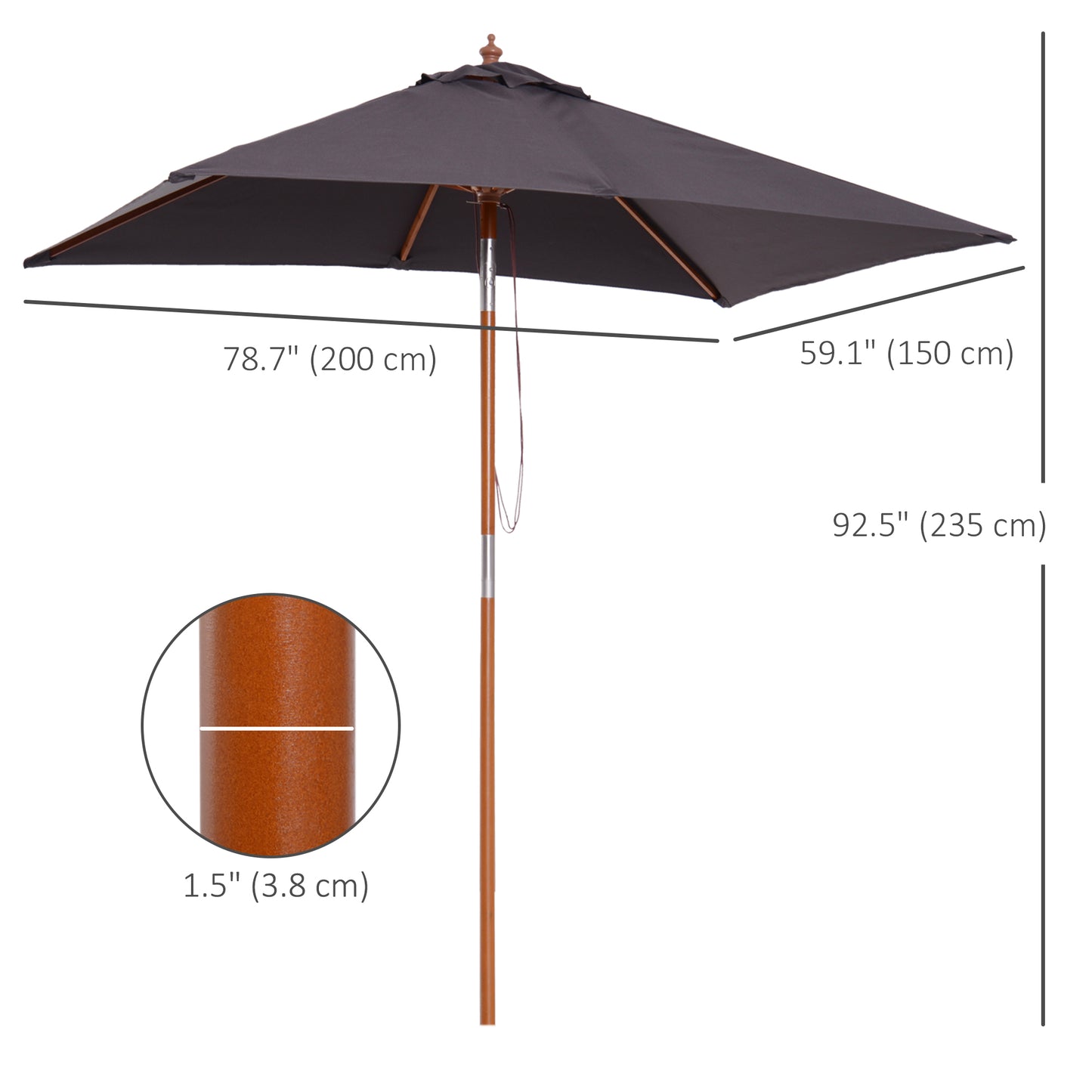 2m x 1.5m Garden Parasol Umbrella with Tilting Sunshade Canopy, Outdoor Market Table Umbrella with Wood and Bamboo Frame