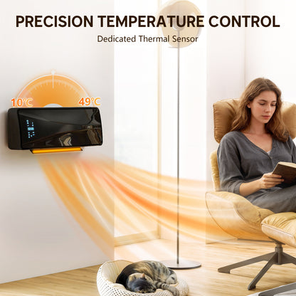 2000W Ceramic Electric Heater with Fan, Adjustable Thermostat, Wall Mounted - Black