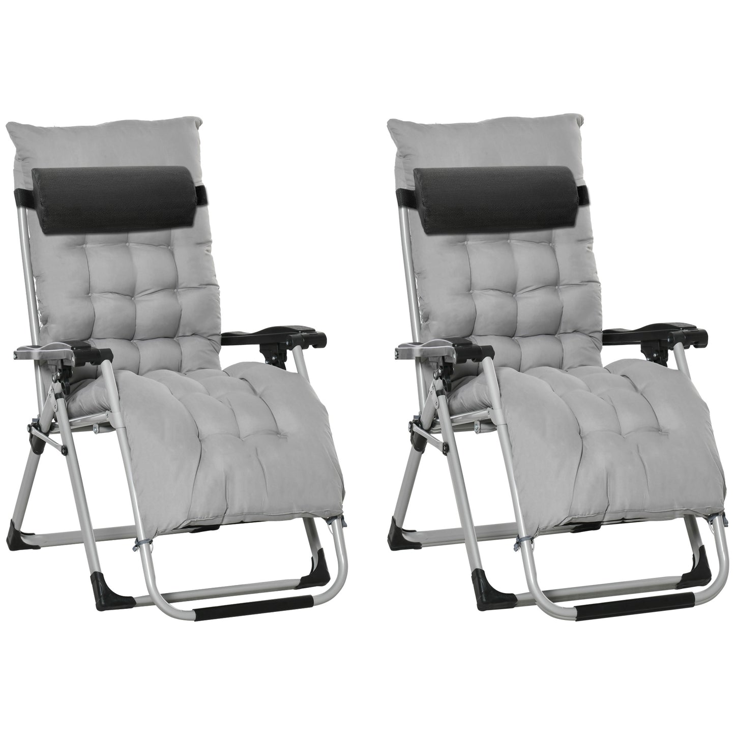 2pc Reclining Zero Gravity Sun Loungers ,Folding Chaise Lounge Chair with Cushions, Light Grey