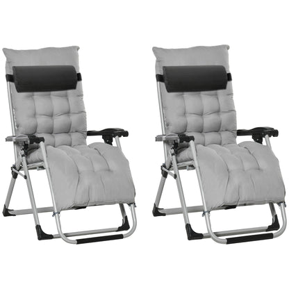 2pc Reclining Zero Gravity Sun Loungers ,Folding Chaise Lounge Chair with Cushions, Light Grey