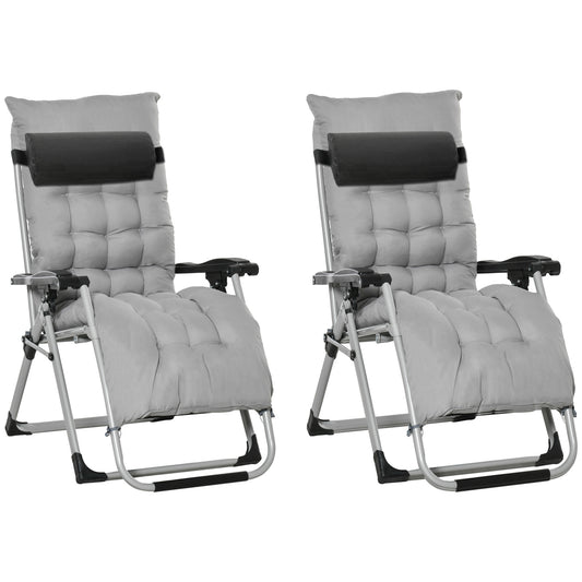 2pc Reclining Zero Gravity Sun Loungers ,Folding Chaise Lounge Chair with Cushions, Light Grey
