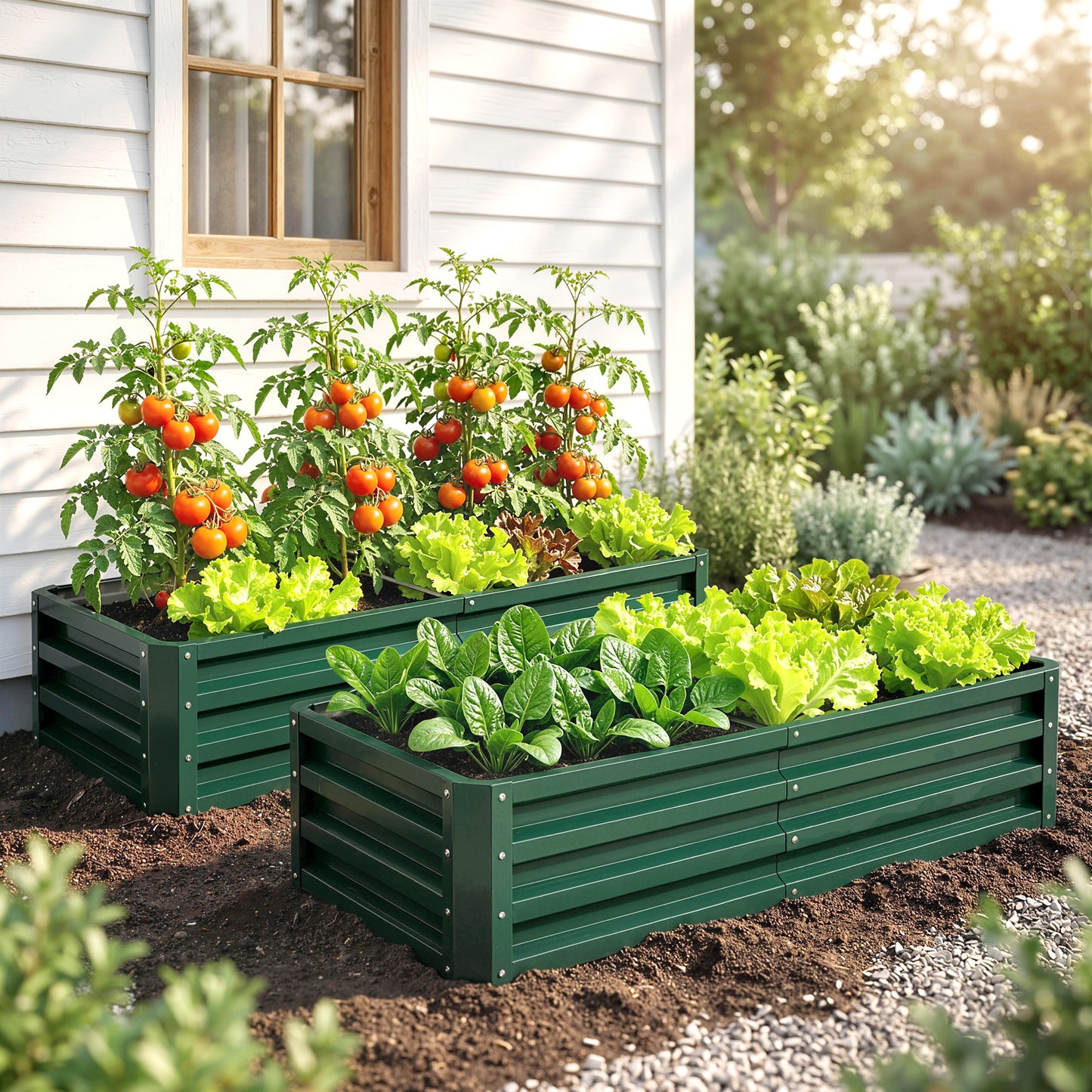 Set of 2 Raised Beds for Garden, Galvanised Outdoor Planters for Herbs Vegetables, Use for Patio Balcony, Green