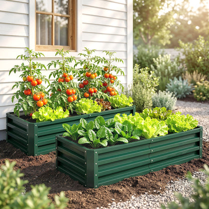 Set of 2 Raised Beds for Garden, Galvanised Outdoor Planters for Herbs Vegetables, Use for Patio Balcony, Green