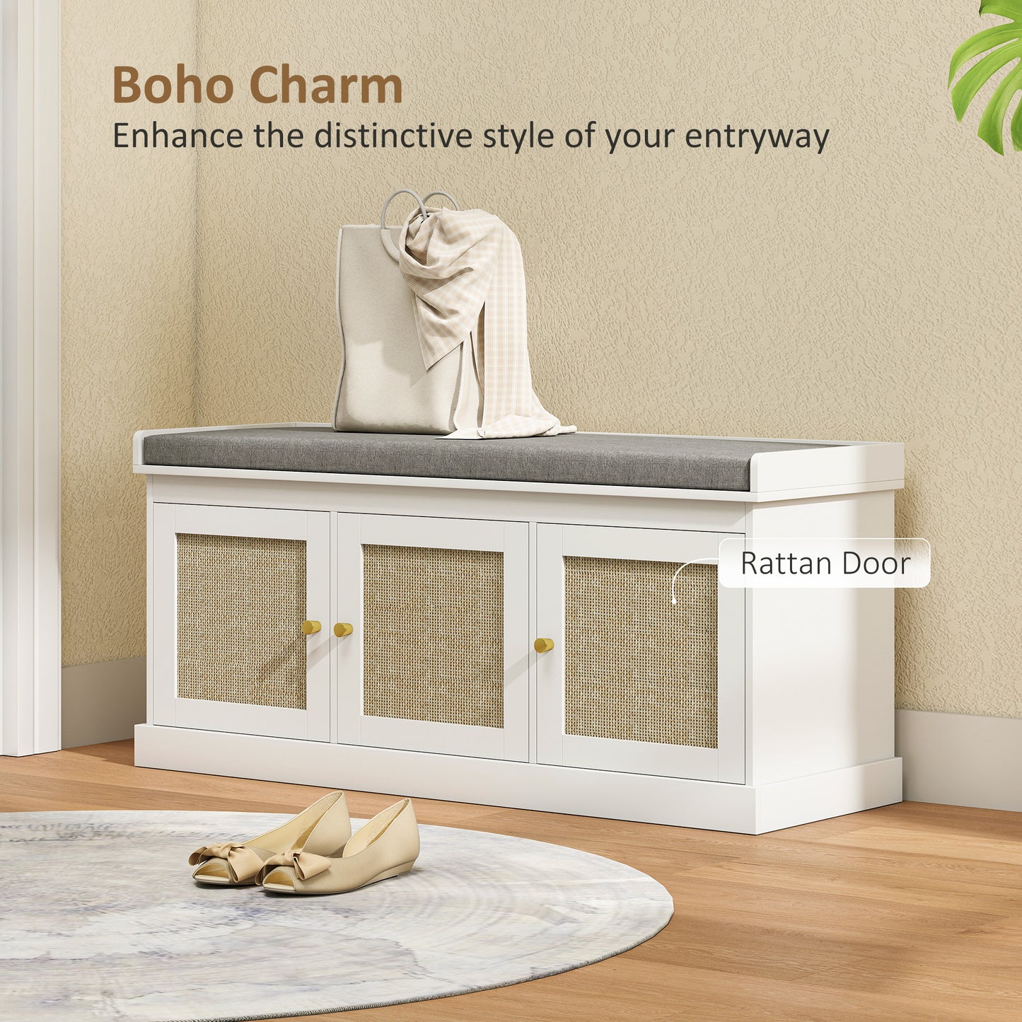 Shoe Storage Bench with Woven Rattan Doors, Seat - White