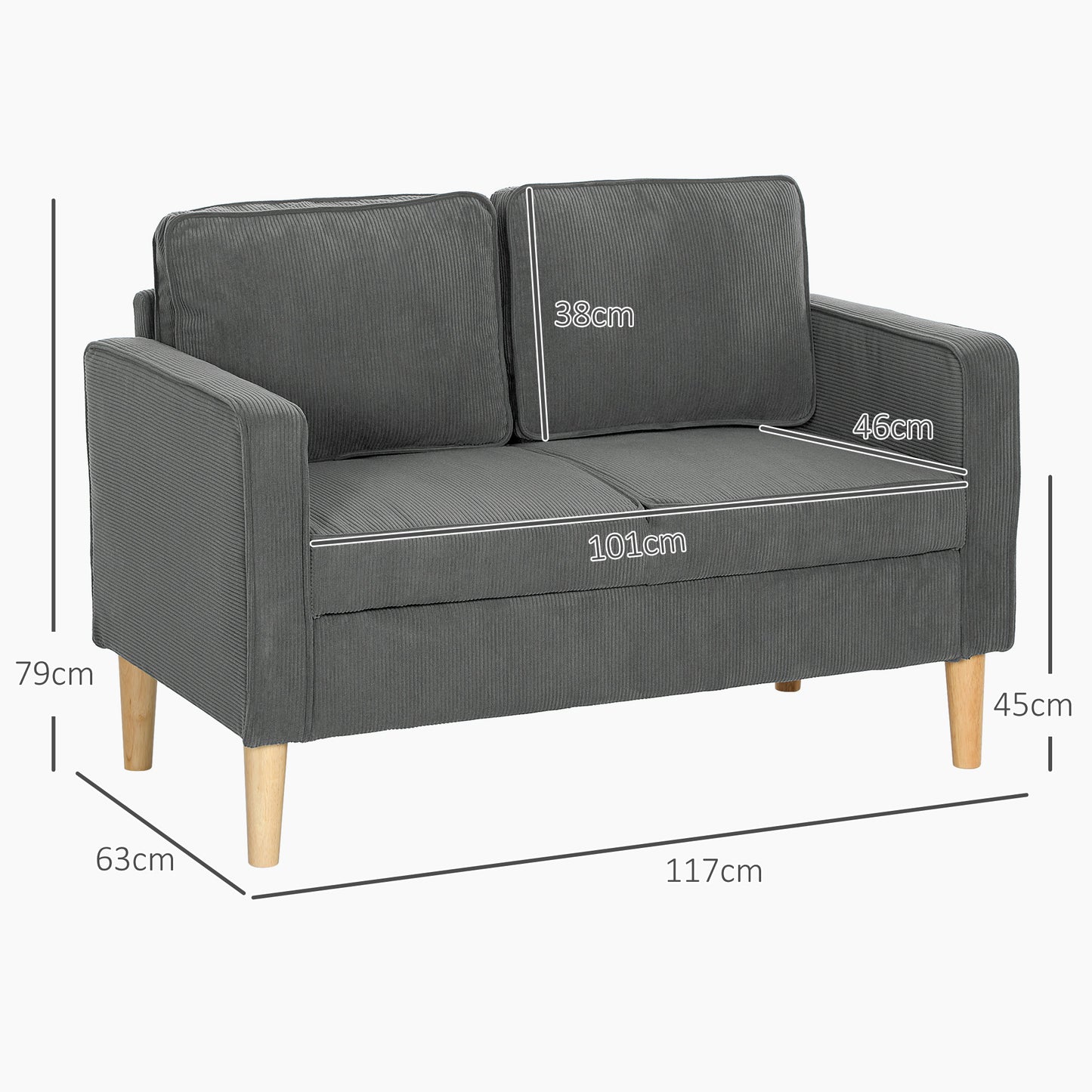 Small Two-Seater Corduroy Sofa - Grey