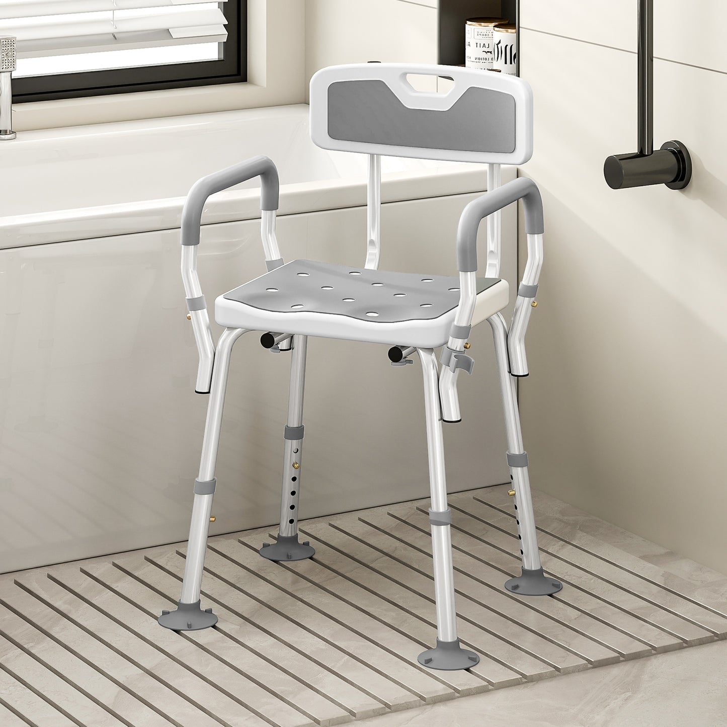 EVA Padded Shower Chair for the Elderly and Disabled, Height Adjustable Shower Stool with Back and Arms, 4 Suction Foot Pads