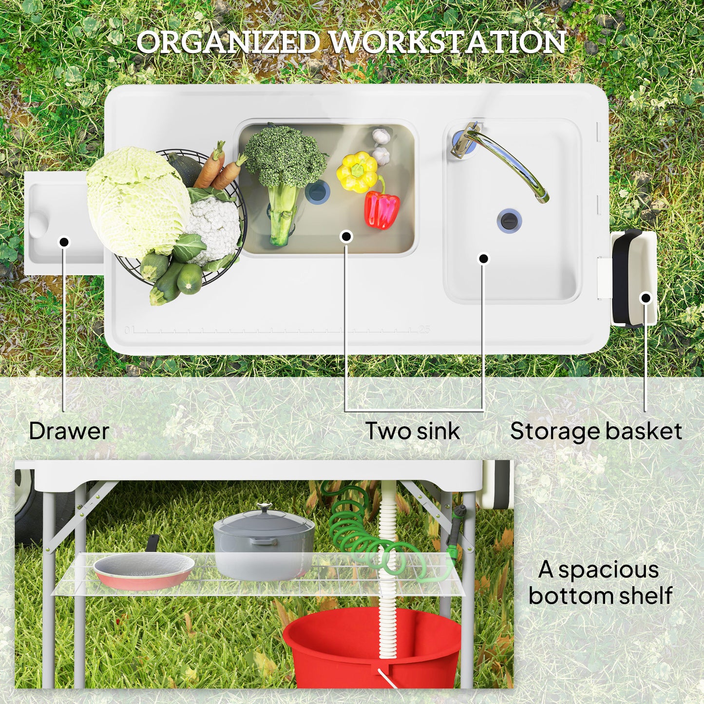 Folding Fish Cleaning Table with Sinks, Portable Camping Sink Table with Faucet, Drainage Hose