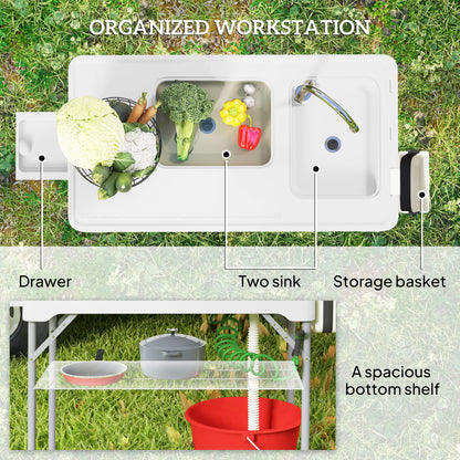 Folding Fish Cleaning Table with Sinks, Portable Camping Sink Table with Faucet, Drainage Hose